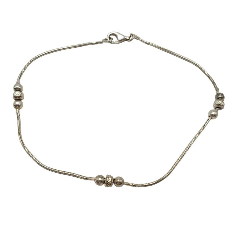 925 Sterling Silver Ball Beads Station Snake Chain Ankle Bracelet Italy Vintage